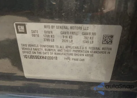 2017 Chevrolet Sonic Lt Auto from USA, damaged, VIN 1G1JD5SGXH4109918